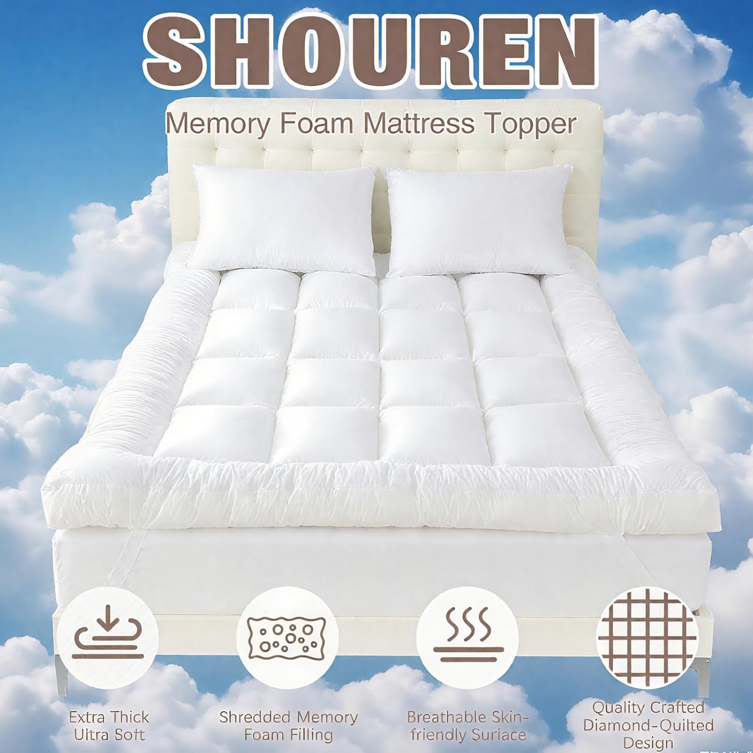 SHOUREN 5 Inch Memory Foam Mattress Topper King for Back Pain, Extra Soft Pillow Top Mattress Topper, 2000GSM Fluffy Shredded Memory Foam Filled & Thicked Down Alternative-Lined 80x78x5in