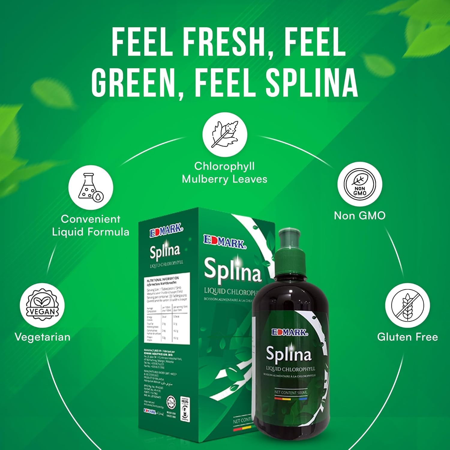 EDMARK Splina Chlorophylle liquide 500 ml – Équilibrant, nettoyant, nourrissant, rajeunissant – Vert