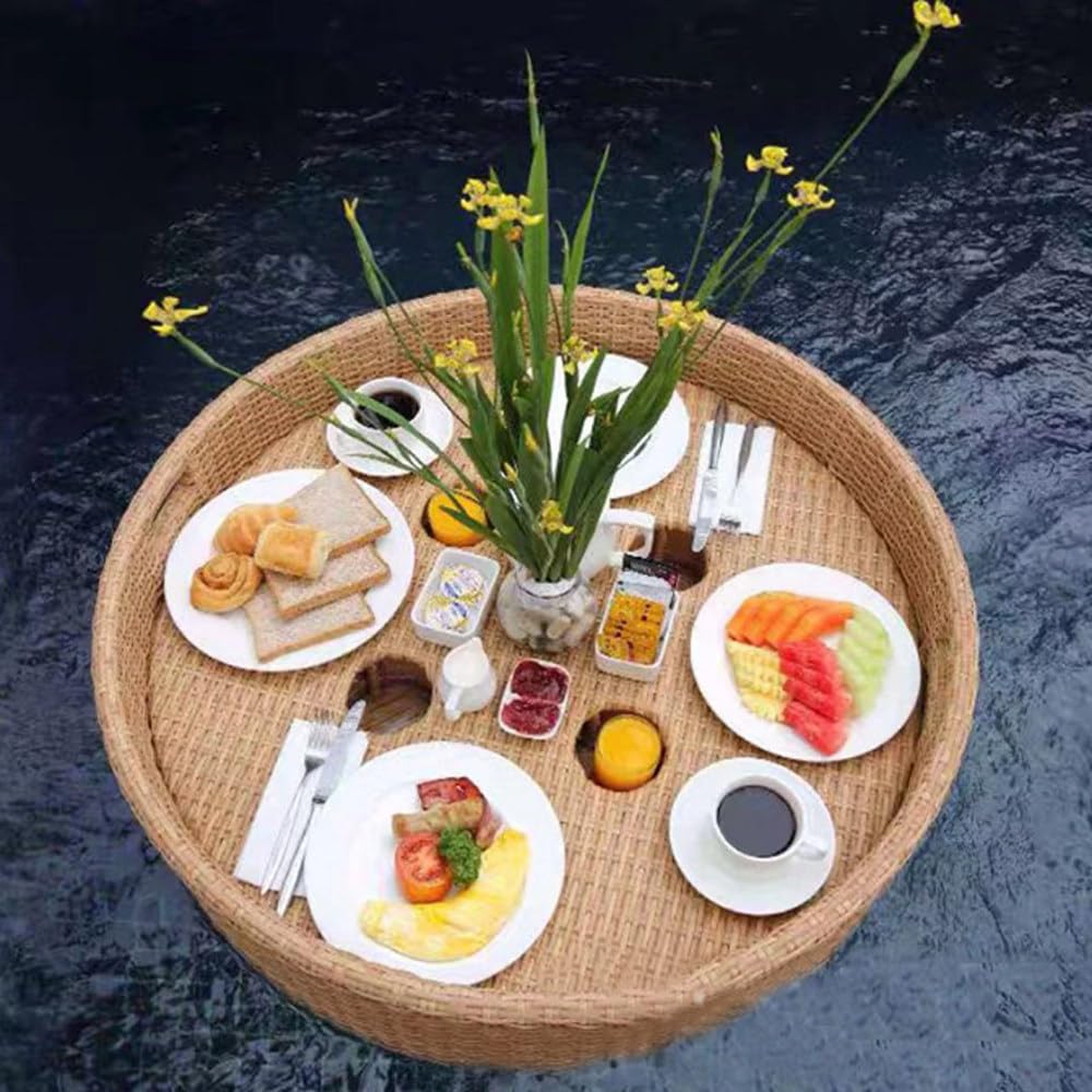 Bandeja flotante de ratán extra hecha a mano para piscina, fiesta en la playa y jacuzzi, perfecta para bebidas y aperitivos, 80 x 80 x 15 cm, accesorio ideal para el verano