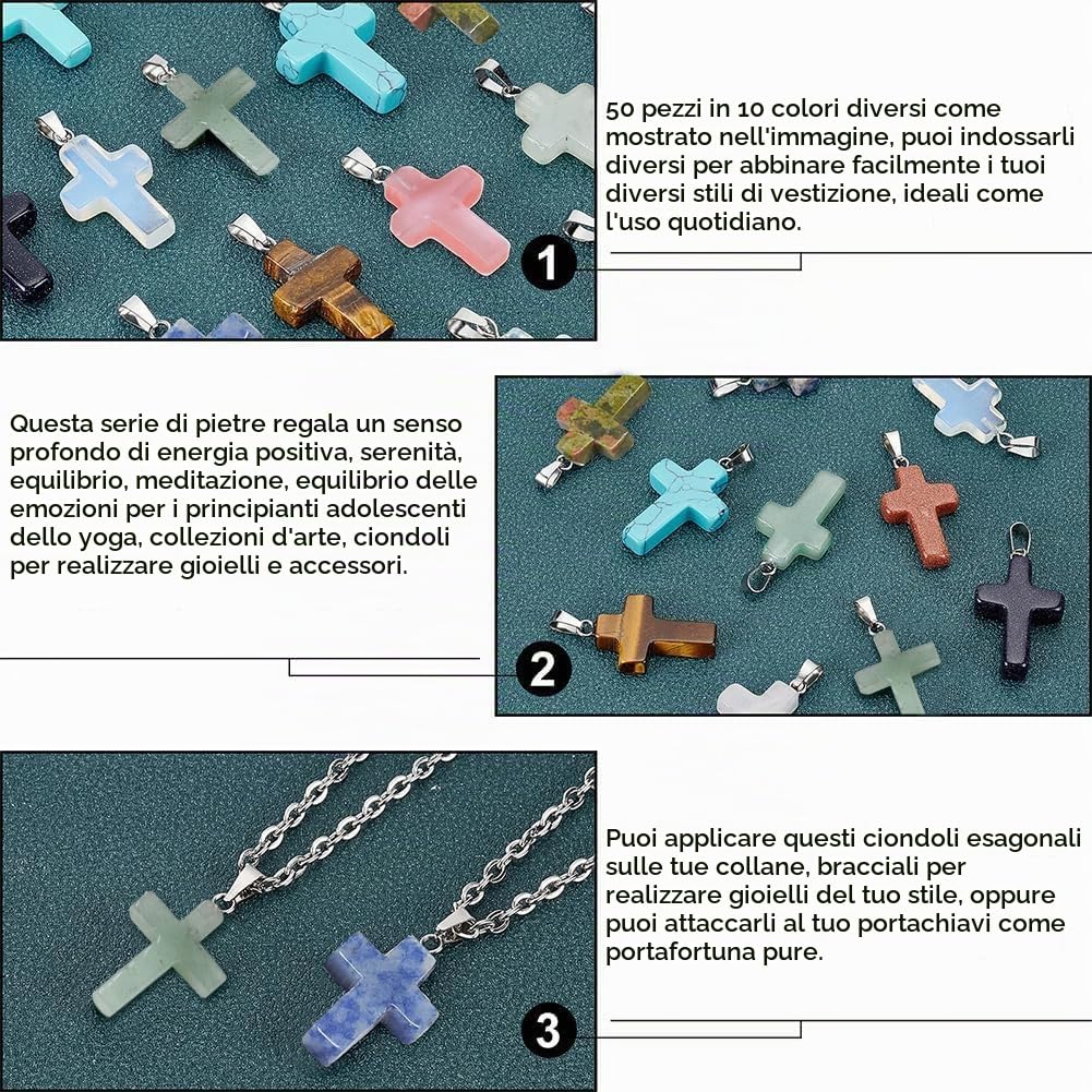 PH PandaHall 50pz Ciondoli a Forma di Croce Ciondolo Croce Pietre Preziose, 10 Colori Ciondolo Crocifisso per Pasquale Comunione Regalo Creazione Gioielli Collana Fai Da Te