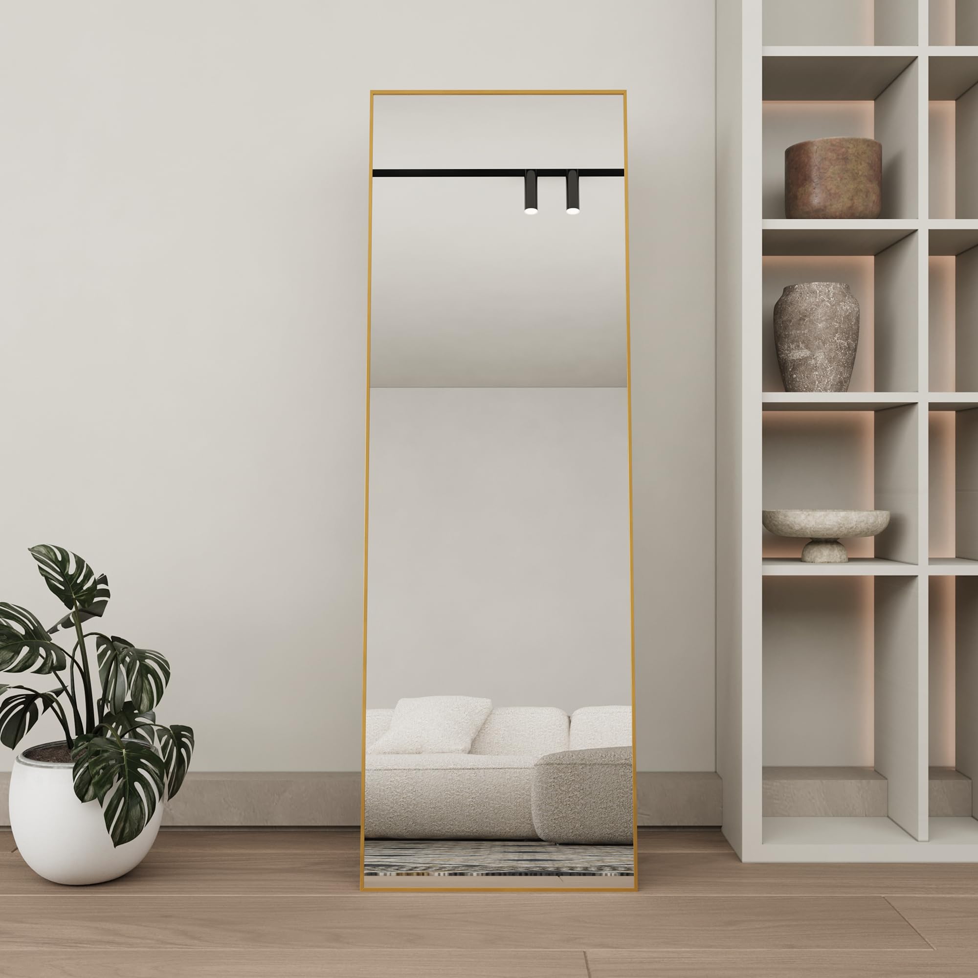 Specchio da Parete Lungo, Specchio da Terra Appendere con Cornice in Lega di Alluminio e Ganci Specchio a Figura Intera, Per Camera da Letto e Soggiorno(oro, rettangolo 162 x 53 cm)