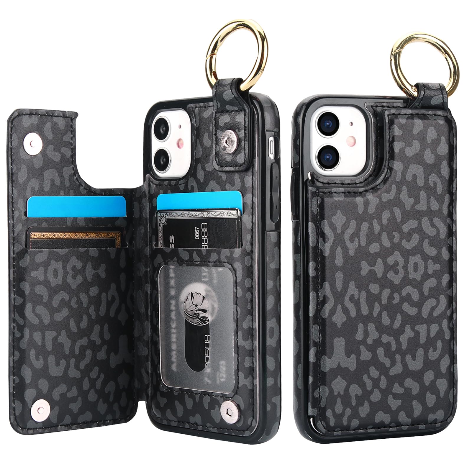 HAOPINSH for iPhone 11 Wallet Case with Card Holder, Black Leopard Cheetah Print Back Flip Folio PU Leather Kickstand Card Slots Case, Finger Grip