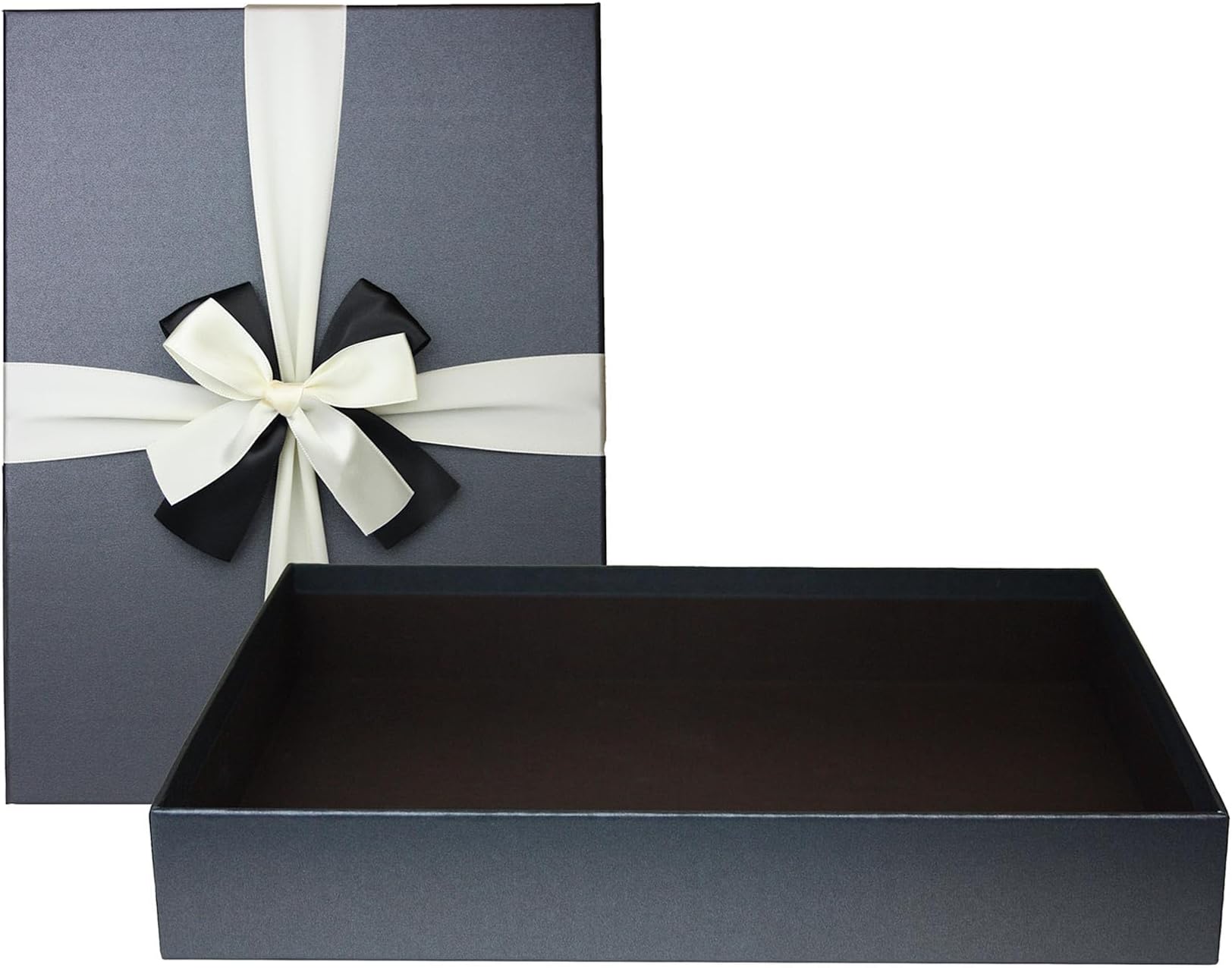 Emartbuy Black Rigid Gift Box with Bow Ribbon – 30 × 23 × 5 cm Luxury Cardboard Presentation Box | Premium Packaging for Hampers, Bridesmaid Gifts, Birthdays, Weddings, Corporate Gifting