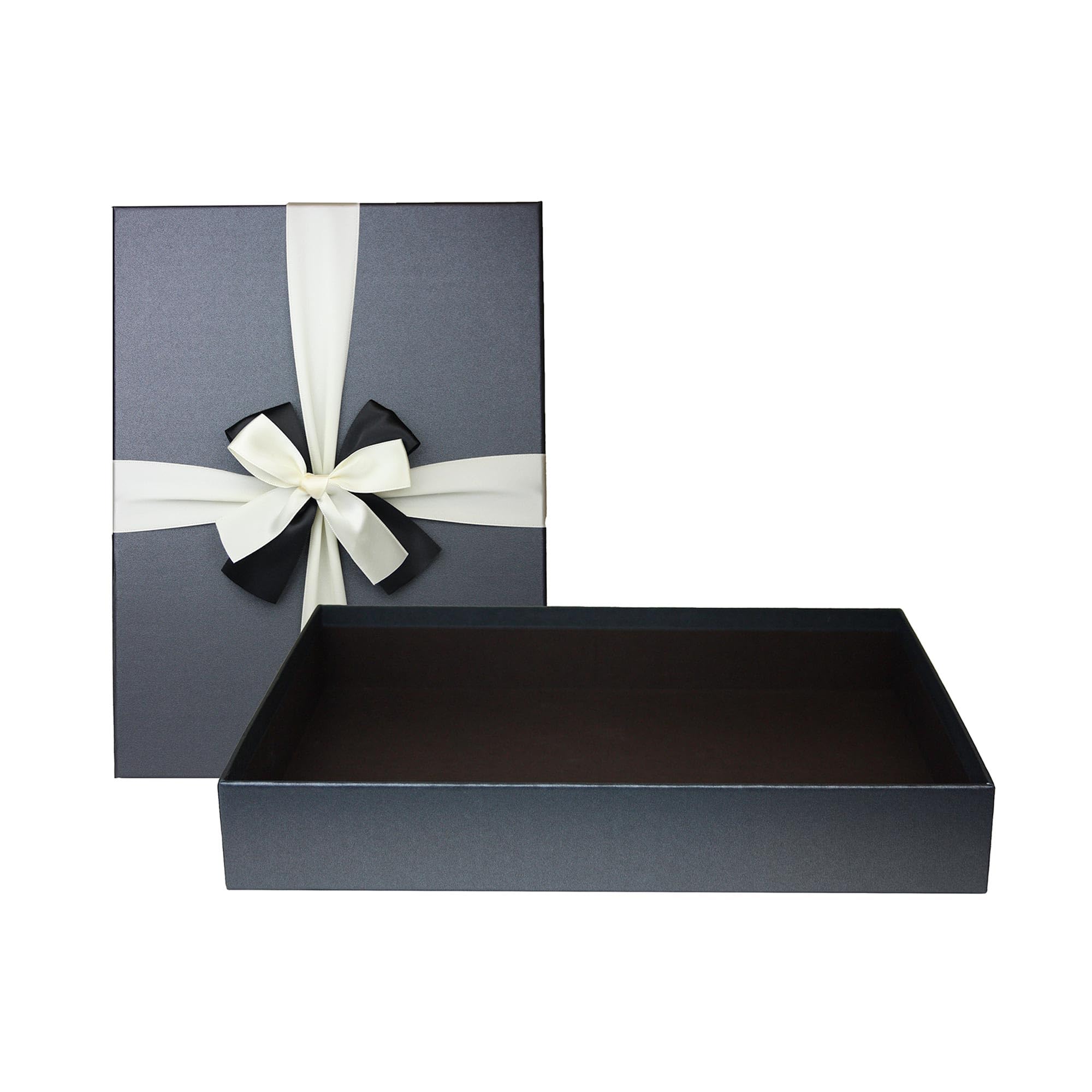 Emartbuy Black Rigid Gift Box with Bow Ribbon – 30 × 23 × 5 cm Luxury Cardboard Presentation Box | Premium Packaging for Hampers, Bridesmaid Gifts, Birthdays, Weddings, Corporate Gifting