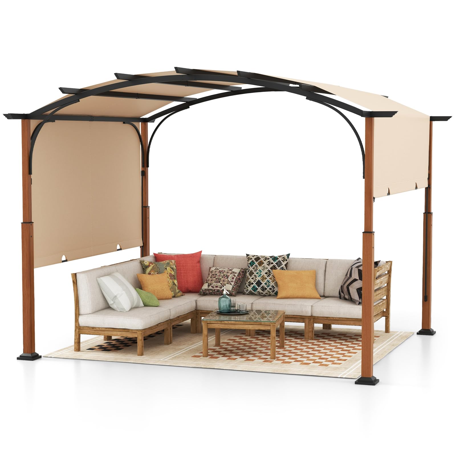 COSTWAY Gazebo Pergola da Giardino 3 x 3,6 m, Pergola da Esterno con Telaio Curvo e Tettuccio Retrattile, con Struttura in Metallo, per Giardino, Patio e Portico (Beige)