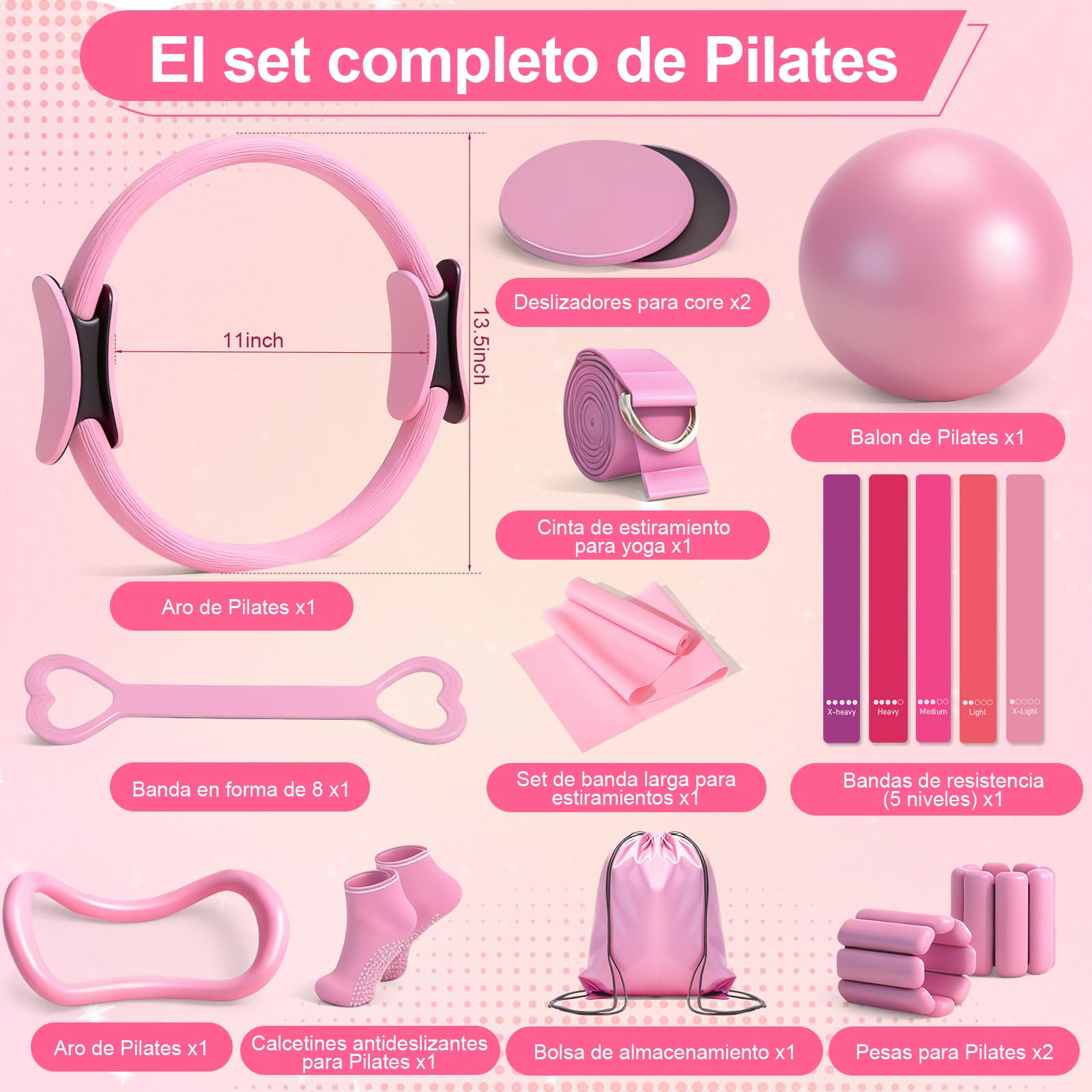 Kit Pilates, 14 piezas Rosa Kit Pilates en Casa Completo para Casa con Aro, Pelota, Calcetines Antideslizantes, Pesas para Muñecas Ajustables y Bandas de Resistencia – Equipo de Fuerza y Yoga