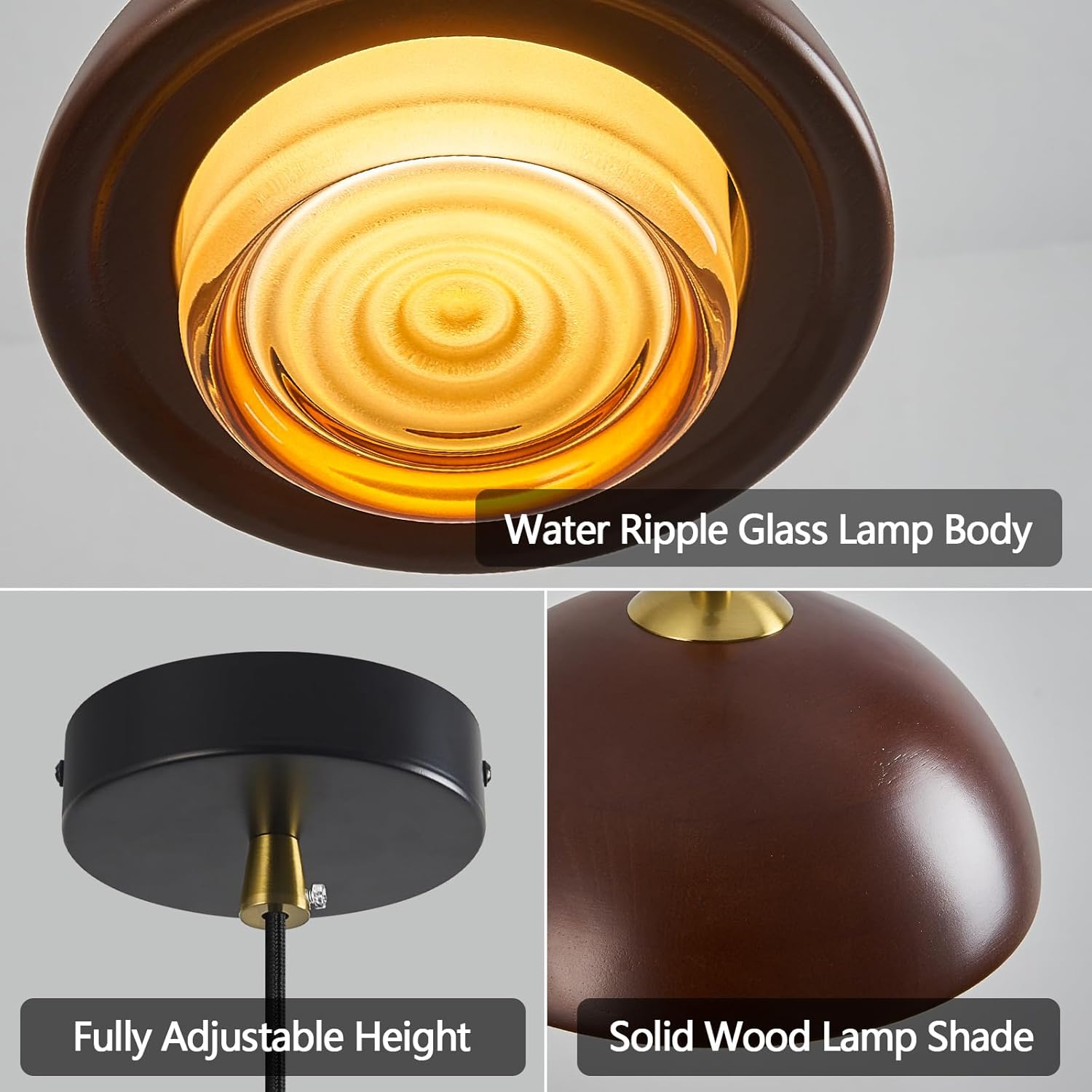 Wood Pendant Light Kitchen Island, Natural Solid Wood Farmhouse Pendant Lights with Glass Shade LED Hanging Light for Dining Room Bedroom Bar Entryway Corridor