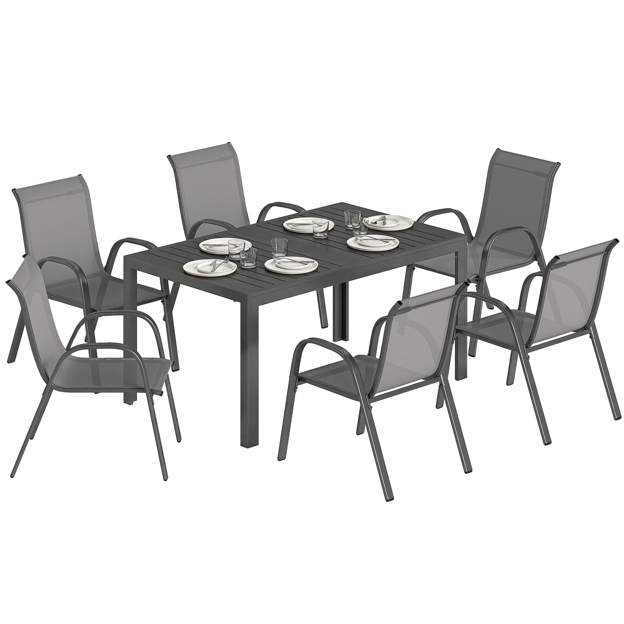Outsunny Salon de Jardin extérieur 7 pièces, Table de Jardin extérieure avec 6 chaises empilables, Plateau à Lattes 150 cm, Structure en Acier Anti-Rouille, mobilier de Jardin, terrasse, Gris Clair