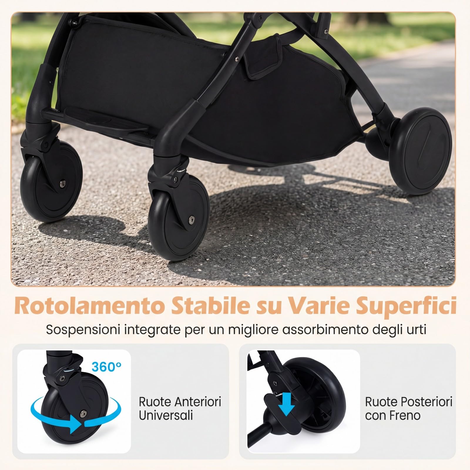 COSTWAY Passeggino Leggero per Neonati con Tettuccio, Schienale e Poggiapiedi Reclinabili, Passeggino Pieghevole con Portabicchieri, Cestello Portaoggetti, per Bambini 0-3 Anni (Nero)