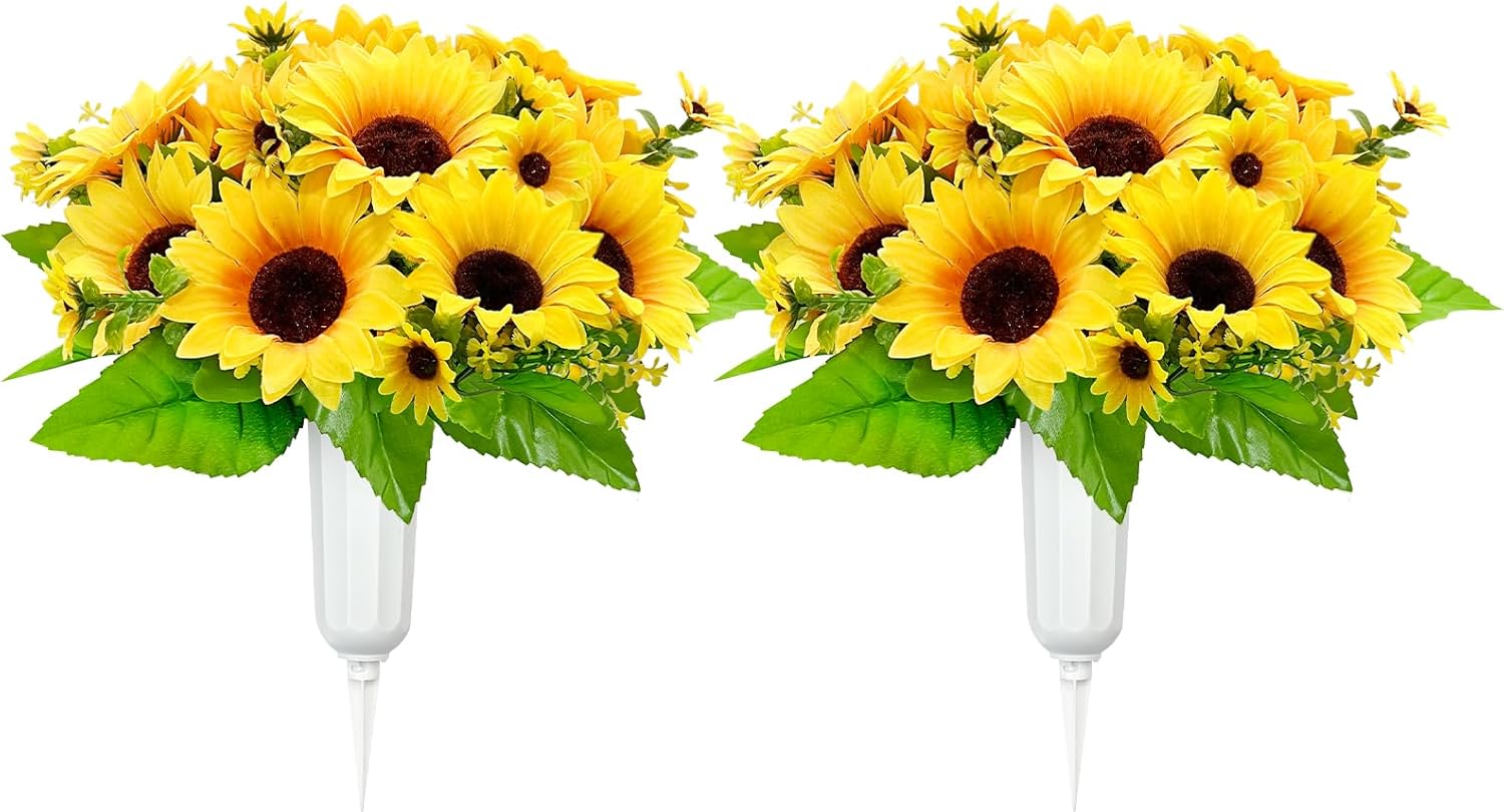 2 Sets Artificial Cemetery Flowers for Grave Decorations Yellow Sunflower Bouquets with Vase Sympathy Graveyard Memorial Flowers