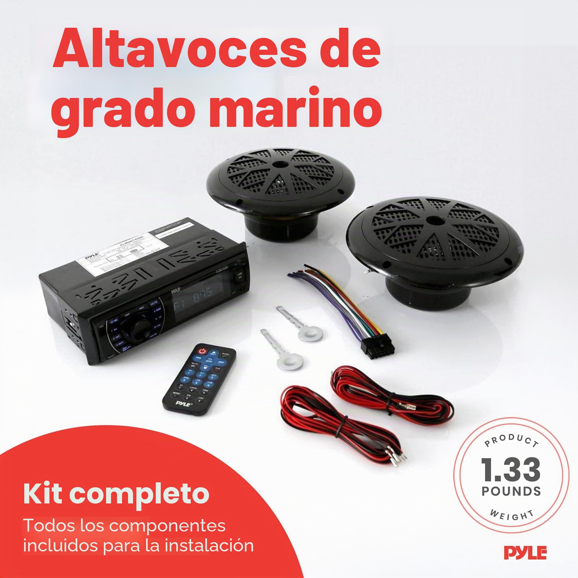 Pyle Kit Receptor Marino con Altavoces, Estereo, Digital LCD, Bluetooth, Microfono, Sistema de Radio Am/FM, Impermeables, Lectores MP3/SD y Mando a Distancia