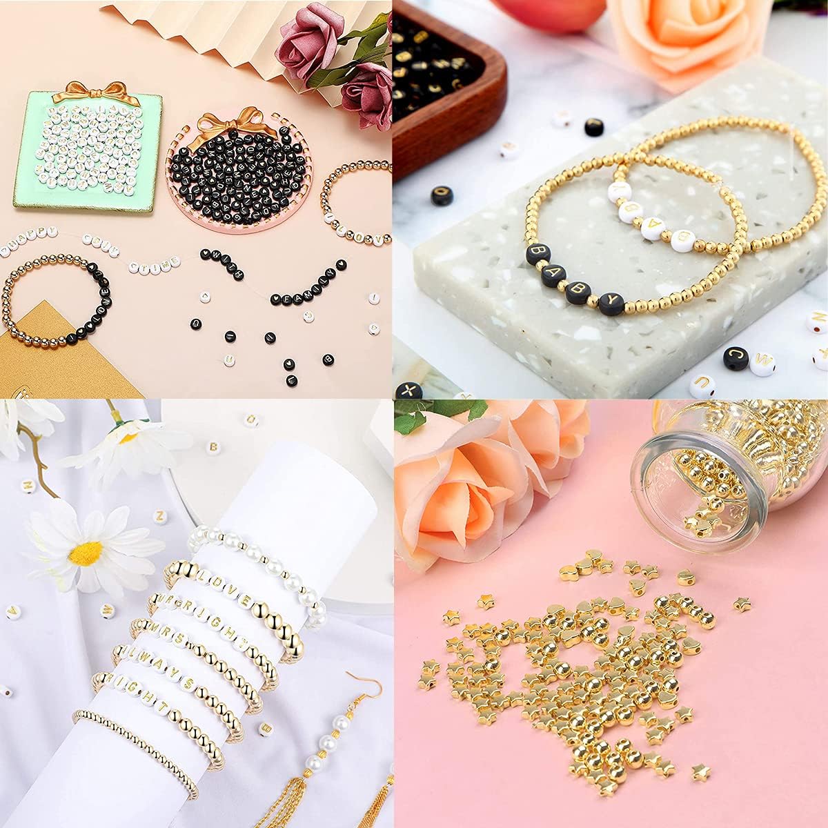 1250Pcs Beads Making Kit, 500 Pcs Gold Round Spacer Beads,200 Pcs Alphabet Beads, 6 Kinds of Special-Shaped Beads 550 pcs,10 Pcs Earring Hooks and 1 Rolls Elastic String for DIY Bracelet Jewelry