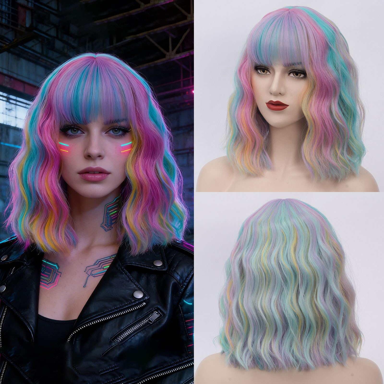 DWMGLP 14" Short Rainbow Curly Wig For Women Girls Heat Resistant Fiber Wigs Halloween Cosplay Daily Party+Cap (Rainbow)