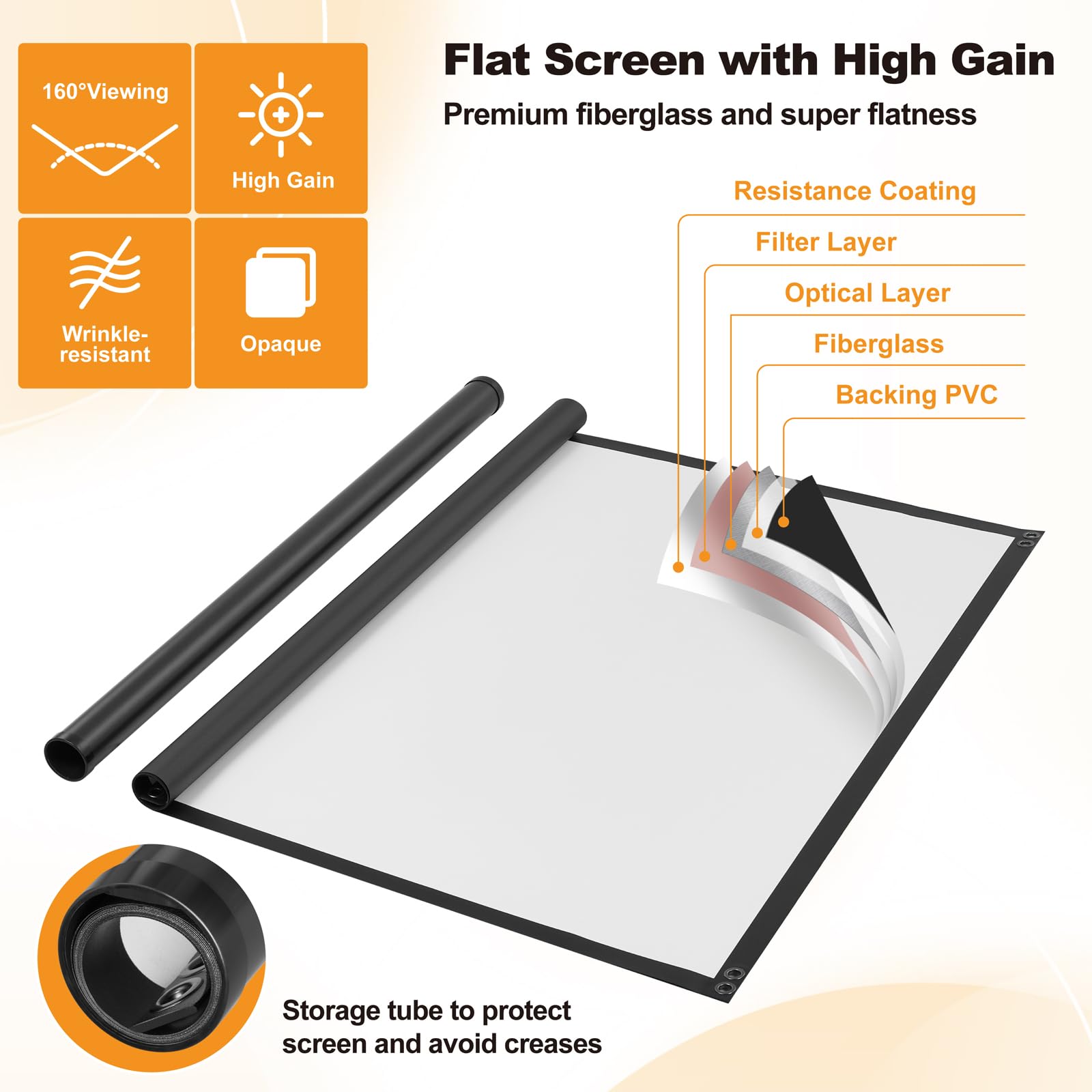 Schermi di Proiezione Esterno, 90 Pollici (16:9), Schermo con Supporto, Design Antivento per Proiettore Portatile, con Corde e Picchetti, Alto Guadagno, Immagine 4K per Home Theater e Campeggio.