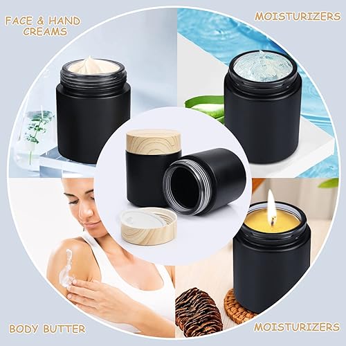 Miniatura 4 de Paquete de 4 tarros de vidrio negro de 6.8 fl oz6.7 onzas, tarros redondos de vidrio para hacer velas con forro Lnner, tapa de grano de madera de