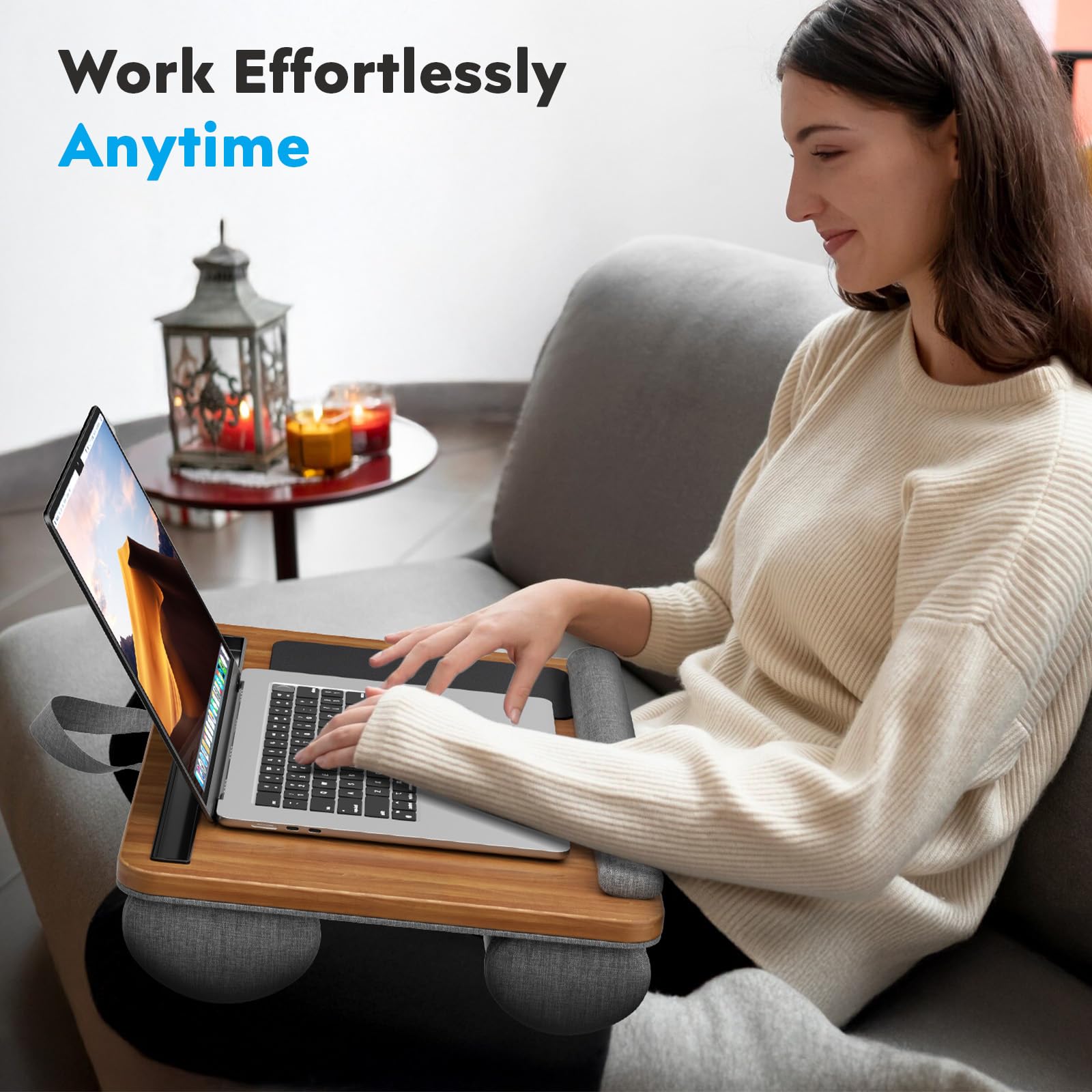 Portable Lap Laptop Desk, Fits up to 17 inch Laptop, with Anti-Slip Strip & Phone Holder, Lightweight Lap Tray Table with Cushion for Couch & Bed (Beech)
