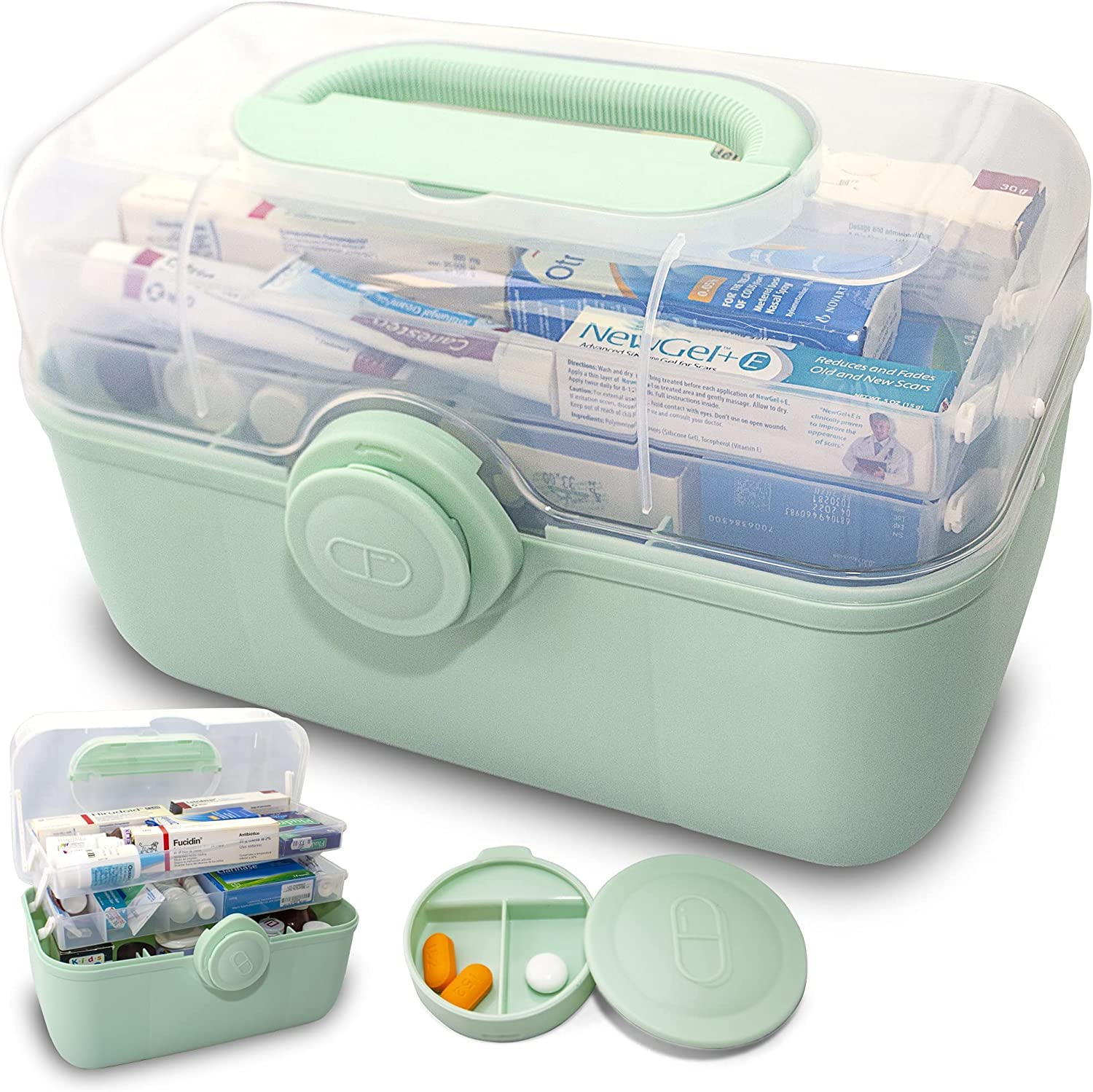 ForubarPlastic Medical Storage Box Clear Medicine Box Organizer Container, Home Emergencies First Aid Kit Pill Case with Compartments and Portable Handle for Arts Crafts Bathroom Cosmetics (Green)