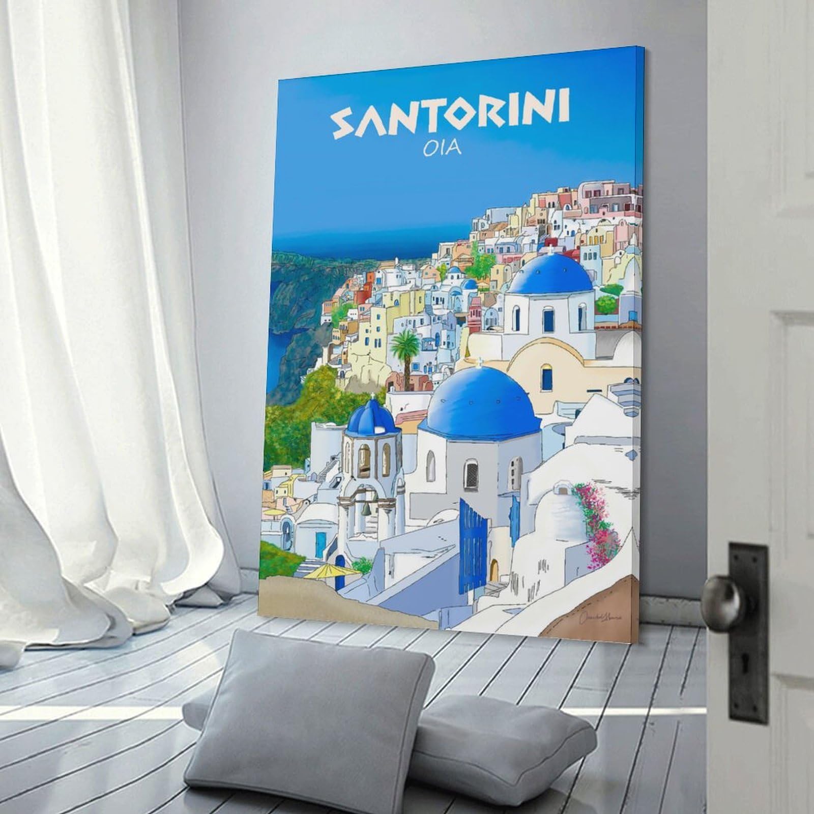 Junmoney Santorini Oia Greece Travel Illustration Canvas Wall Picture 20x30inch(50x75cm), for Living Room, Bedroom Or Apartment Walls, Modern Wall Decor for Cosy Interiors