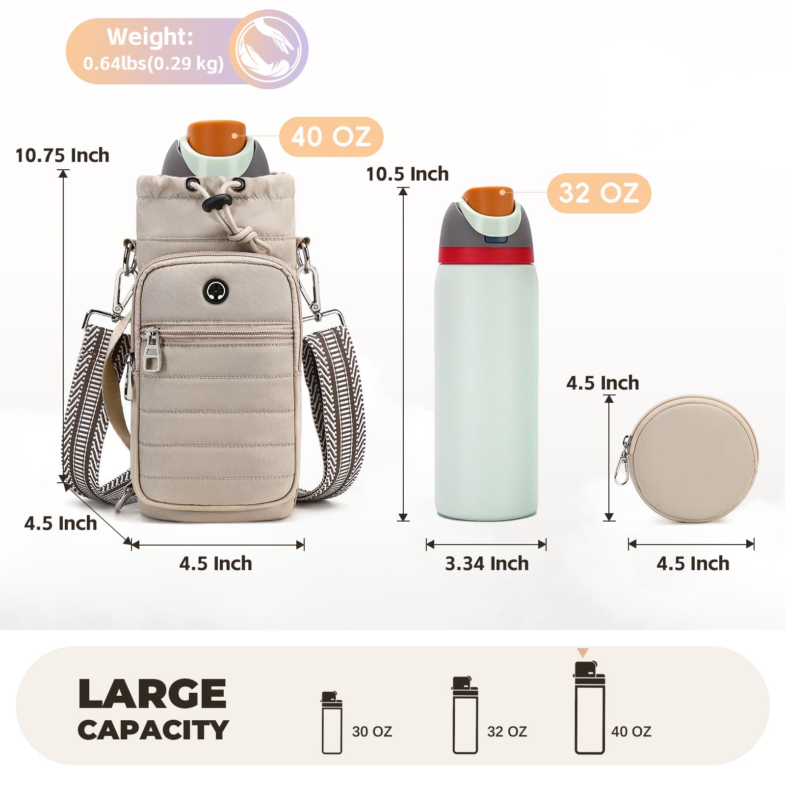 Bolsa de transporte para botellas de agua con correa, 32 onzas, 40 onzas, bolsa aislada para botella de agua con bolsillo para teléfono para caminar, senderismo, ciclismo
