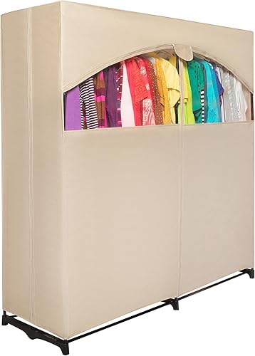HOLDN' STORAGE Armario portátil para colgar ropa con cubierta beige, grande, barra para colgar resistente con 50 libras. Capacidad de peso montaje