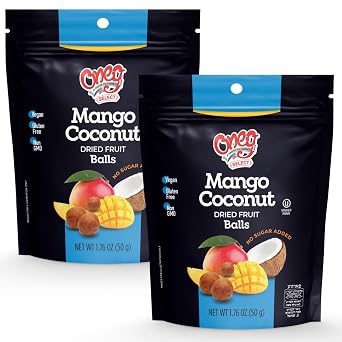 Oneg Dried Mango Coconut Balls, 1.76oz Bag, 2 Pack of Healthy Snacks Bulk, Perfect Healthy Chips for Parties or Travel, Ideal Kids Healthy Snacks for School Lunches, After Playtime or Special Occasion