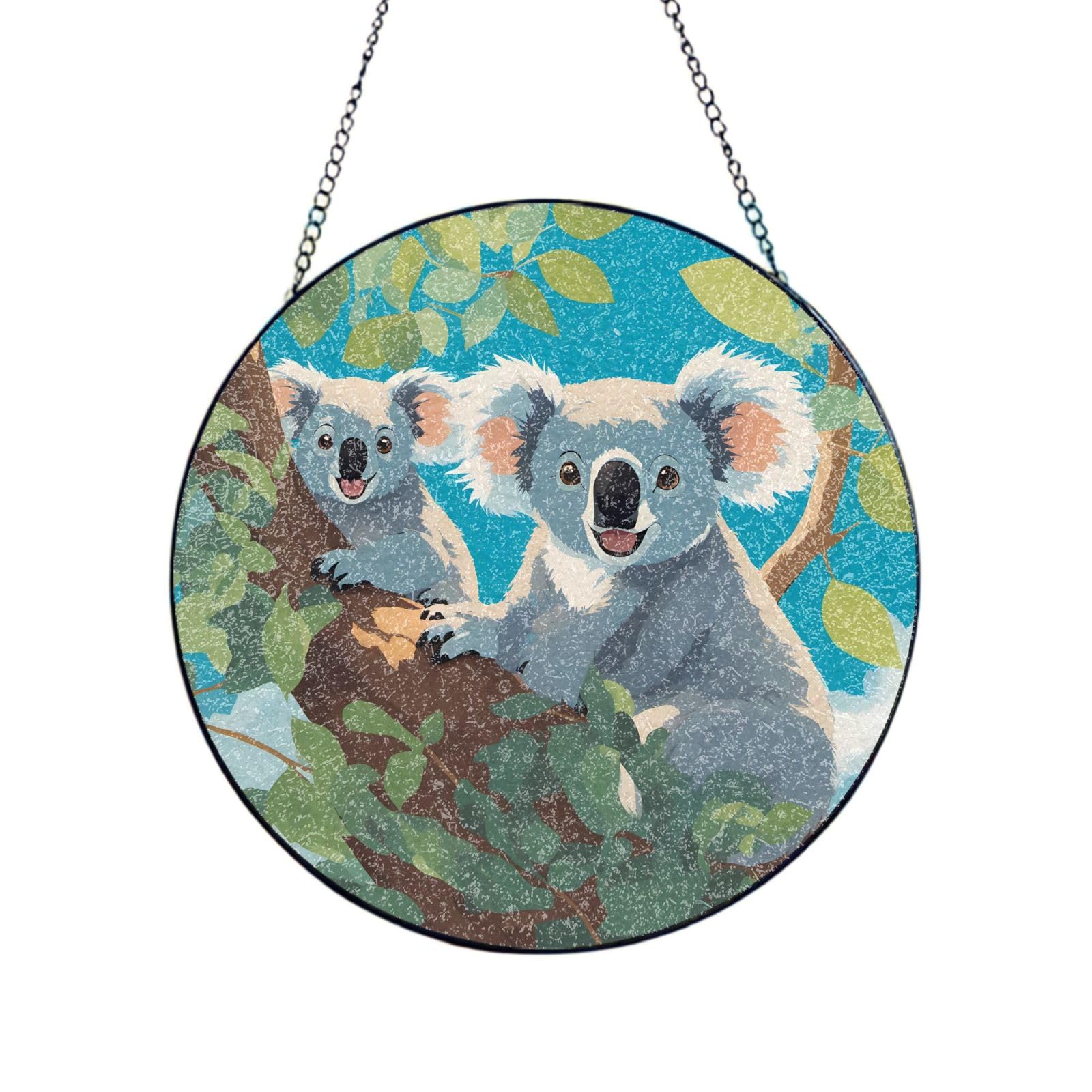 Two happy koalas Stained Glass Sun Catcher for Window Garden Hanging Suncatchers Balcony Decor Gift 8in（20cm）