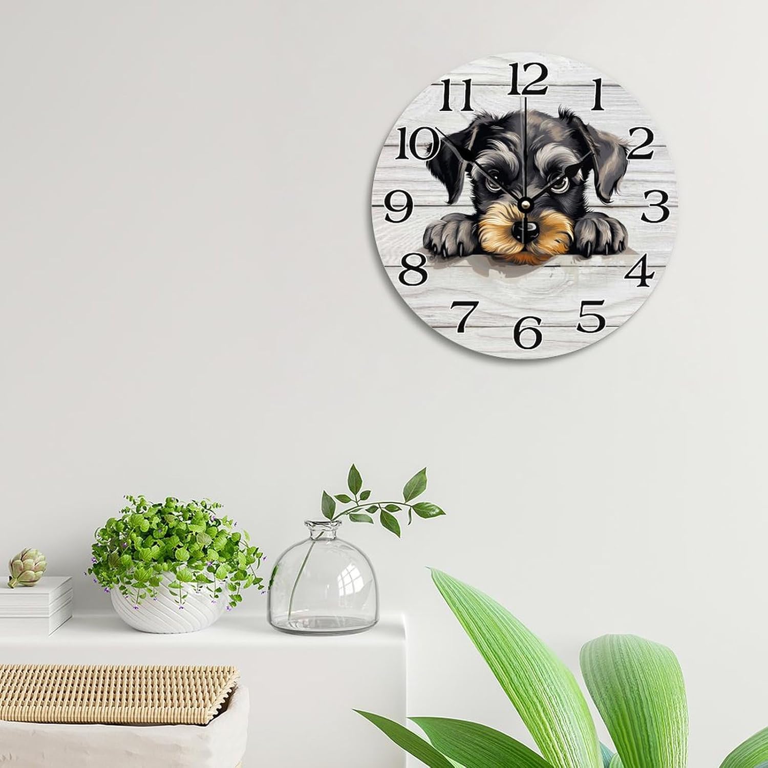 Miniature Schnauzer Funny Peeking Dog Wall Clocks 12in Pet Dog Puppy Round Decorative Wood Wall Clock Retro Hanging Silent Wooden Wall Clock for Bedroom Kitchen Living Room Kid's Room Home Decor