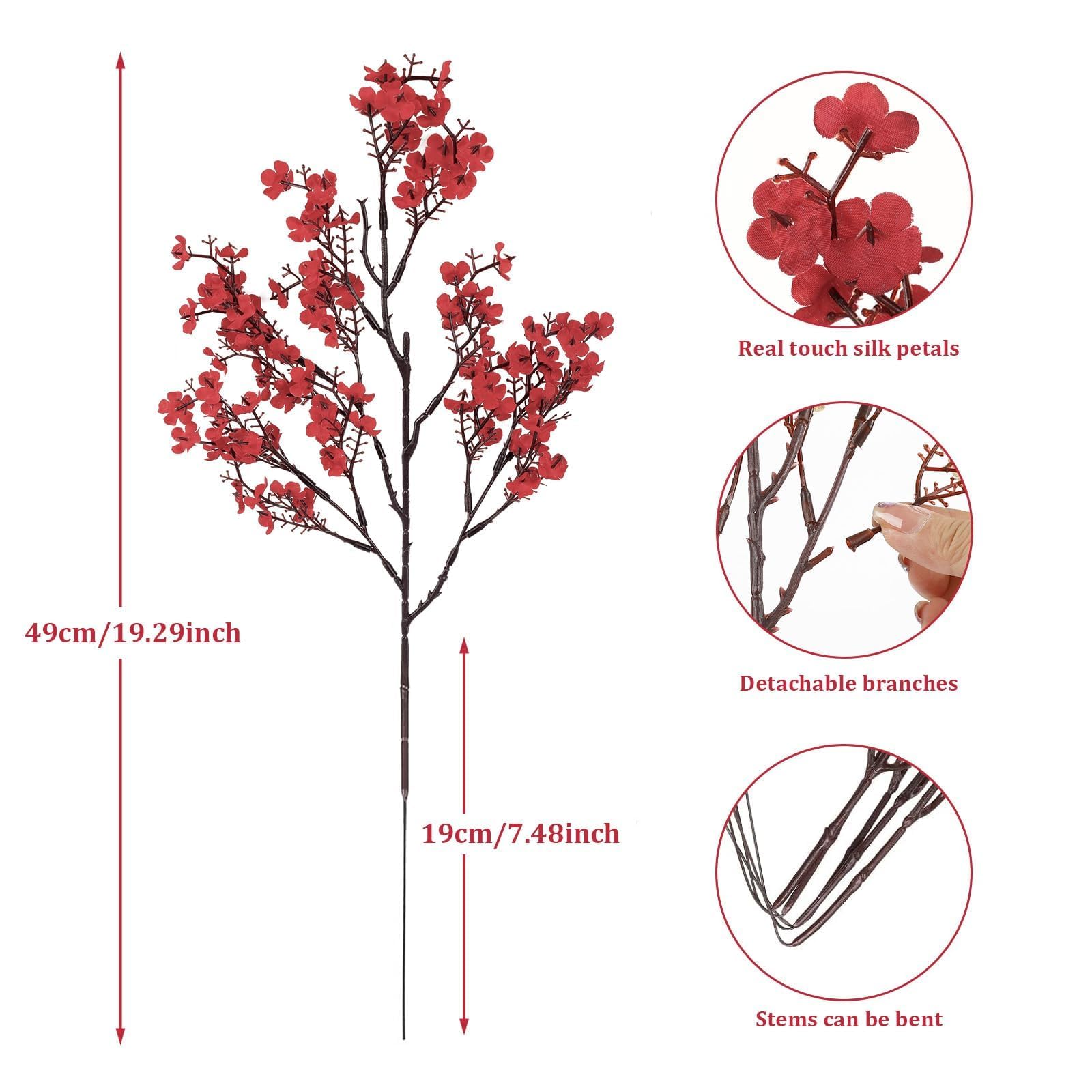 N&T NIETING Künstliche Blumen, 12 Stück Schleierkraut Künstlich Gypsophila Blumen Fake Seidenblumen für Home Decor Hochzeit Party Tisch Centerpieces Garten Party Dekoration(Rot)