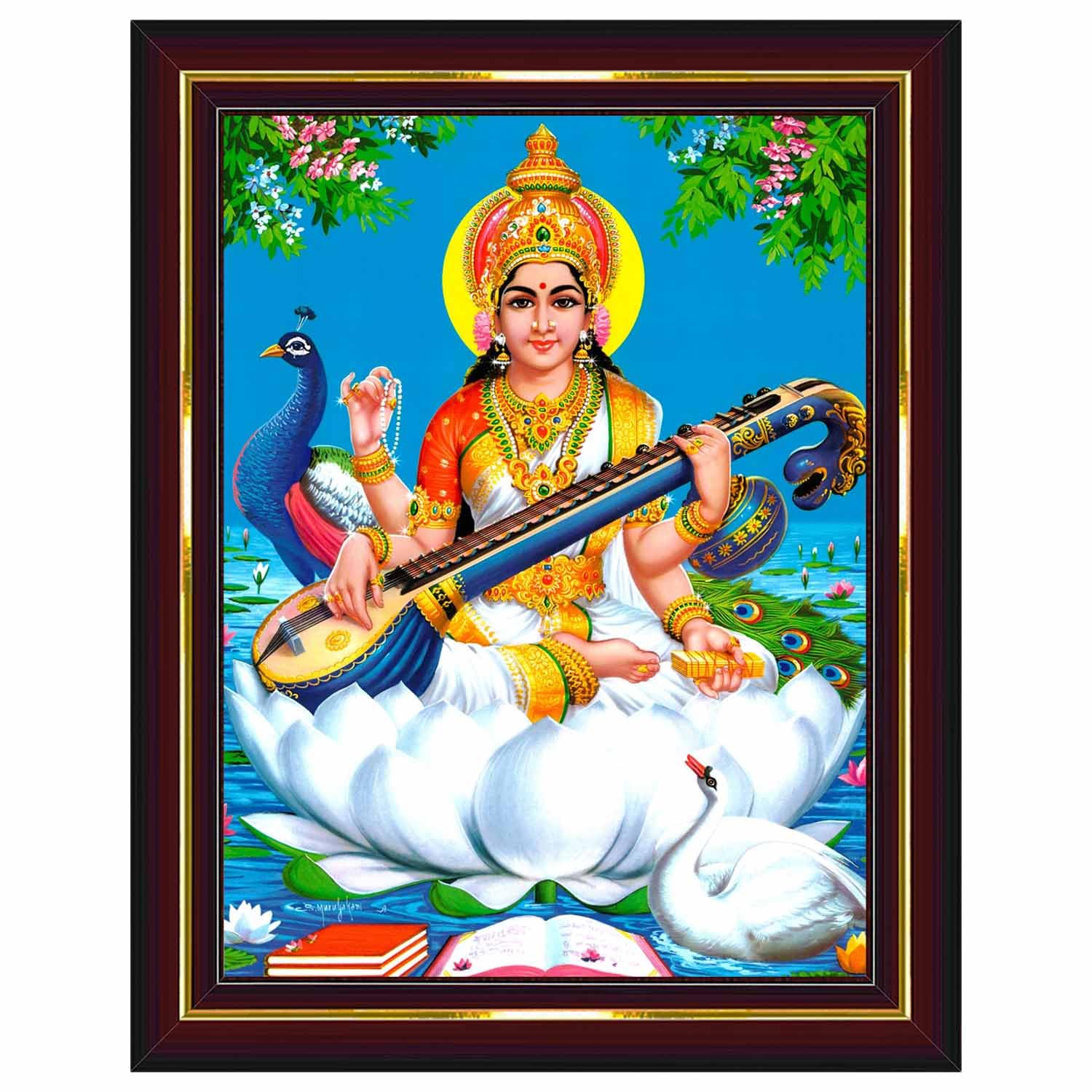 Pavan Photo Laminations Saraswati Devi Goddess Saraswathi Maa Wall Painting Framed Home Decor (Wood,Matte,Brown,Small Size,6 x 8 Inch) B721S