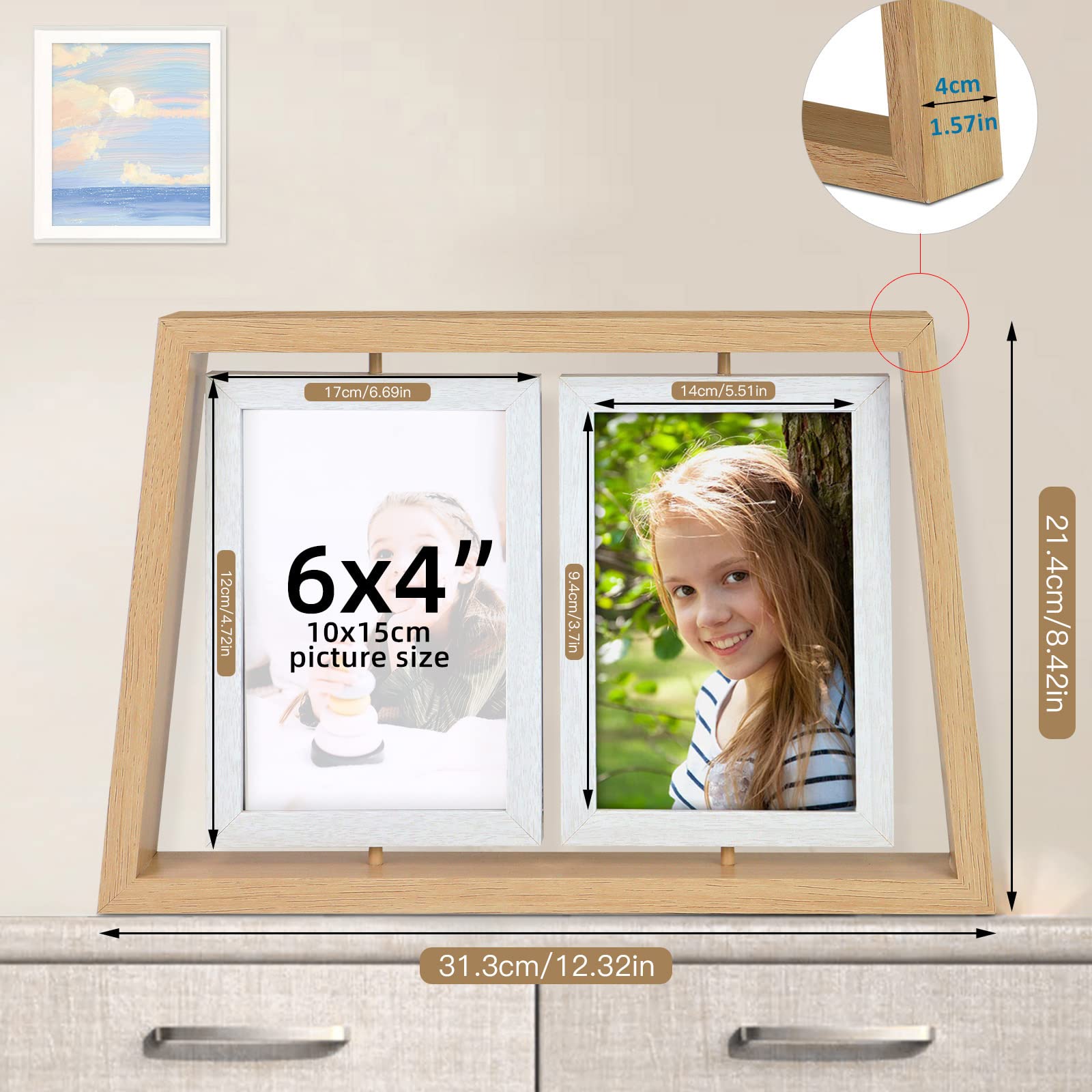 Amazon.co.jp: ZEEYUAN 4x6 フォトフレーム 回転式 素朴な木製写真
