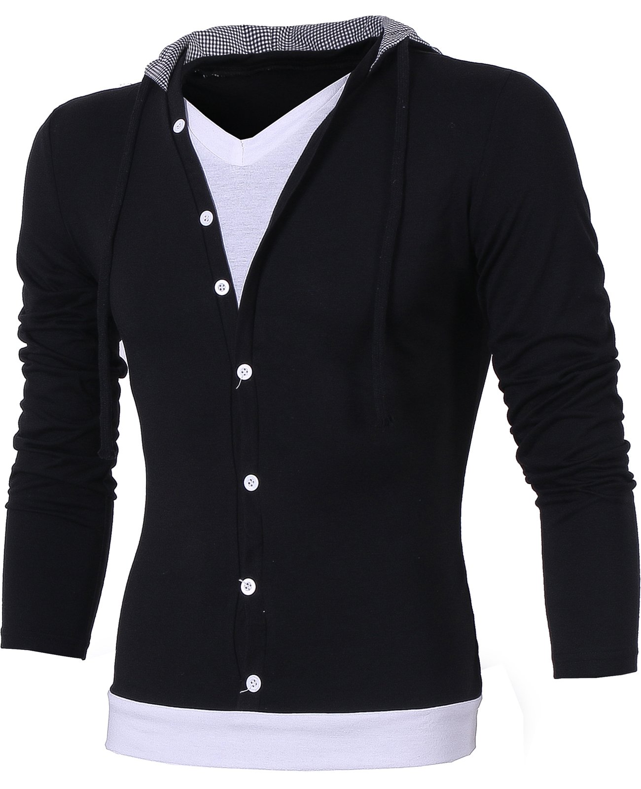 Lende Fashion Men Slim V-Neck Hooded Long Sleeve Many Buttons T-Shirt