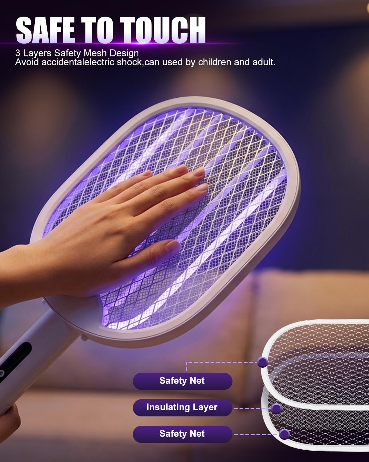 Fly Zapper, Foldable Electric Mosquito Swatter 4000V, 1800mAh Rechargeable Bug Zapper Racket with Auto & Manual Mode, 180° Portable Mosquito Killer, Safe 3-Layer Mesh for Indoor & Outdoor Use — view 4