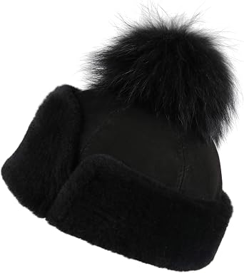 Womens Shearling Sheepskin Snap Hat with Fox Pom Pom Large Black Suede