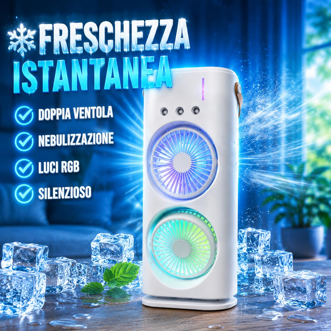 Przenośny chłodnica z podwójnym wentylatorem, mgiełką wodną i oświetleniem RGB, mini klimatyzator USB na stół, cichy wentylator ze zbiornikiem wody, do biura, sypialni i domu