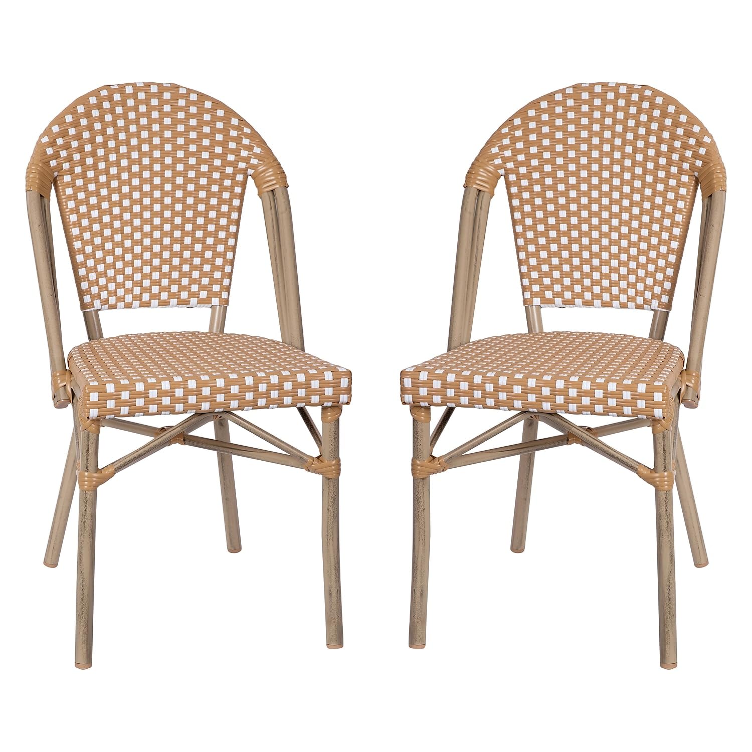 Flash Furniture Bordeaux Set of 2 Indoor/Outdoor Commercial French Bistro Stack Chairs - Black/White PE Rattan Back and Seat - Natural Bamboo Print Aluminum Frame