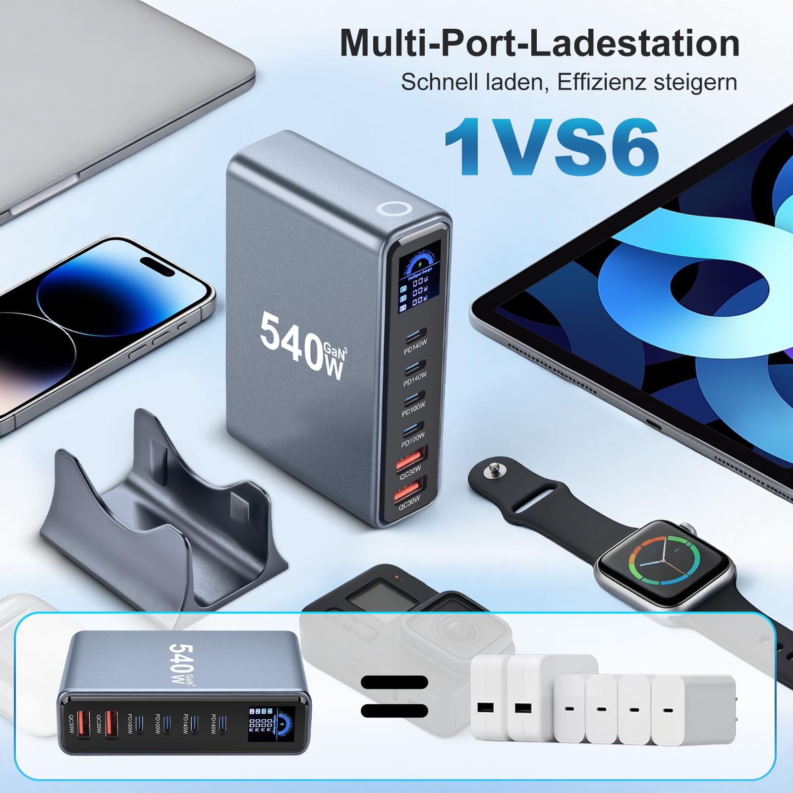 Caricatore USB C da 540 W, 6 porte per laptop multiplo (4C + 2A), display LCD GaN, caricatore rapido da 140 W, caricatore PD compatibile con MacBook Pro/Air, iPhone 17/16/15, Galaxy S25, ecc