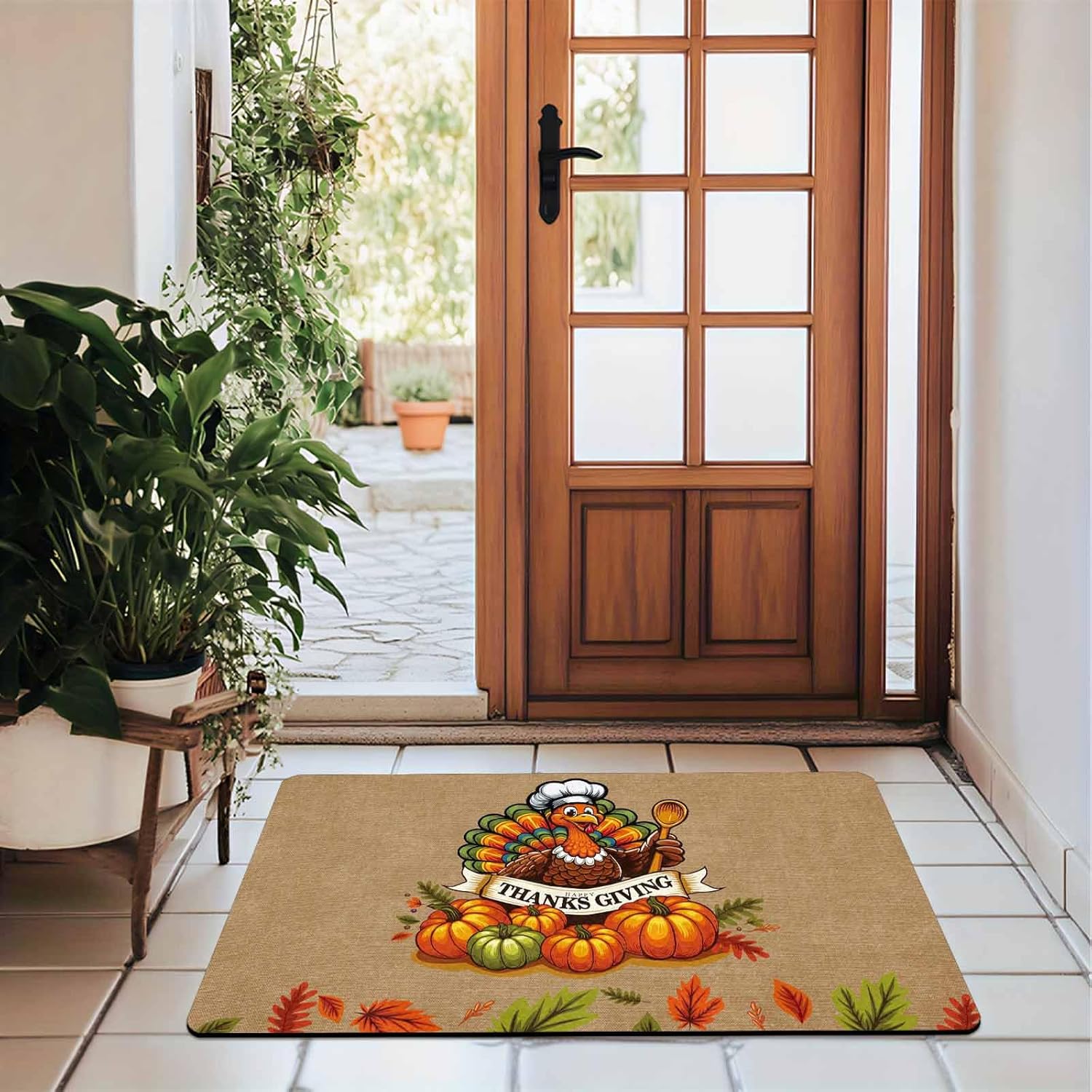 Cartoon Chef Turkey Thanksgiving Fall Welcome Doormat for Entryway,Colorful Pumpkins & Autumn Leaves Welcome Mat Outdoor,Rug Indoor,Front Porch Mat,Fall Decor 30"×18"
