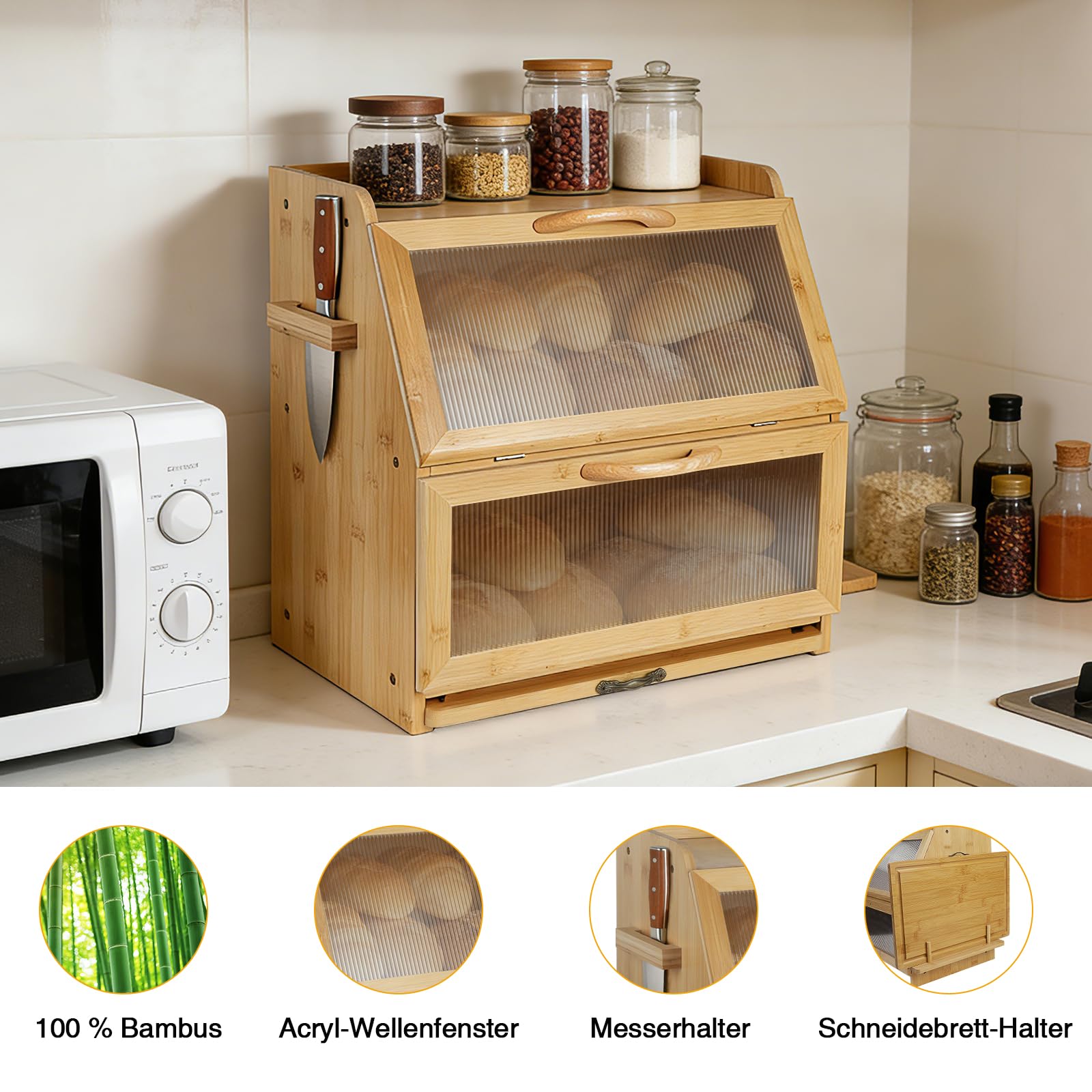 Brotkasten Bambus, Doppelte Schicht Brotbox mit Schneidebrett und Sichtfenster, Brot Aufbewahrungsbox Brotbehälter für Hörnchen, Brötchen, Brotaufbewahrung, 38 x 27 x 39 cm, Natur