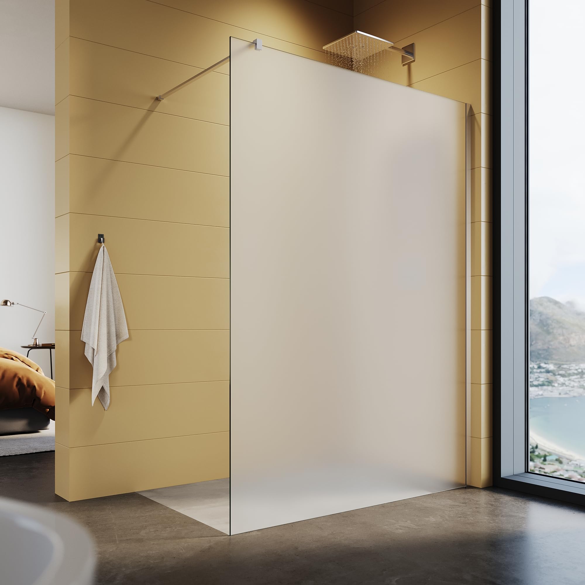Walk In - Parete doccia da 140 x 200 cm, con nano-rivestimento da 8 mm, vetro ESG, con asta di stabilizzazione (completamente satinato)