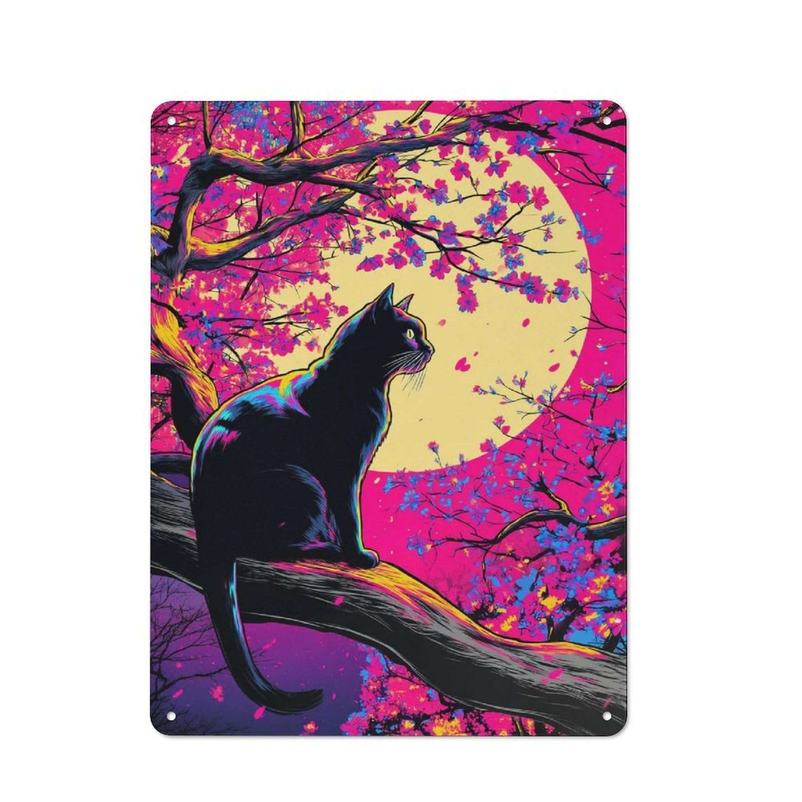 Simple Retro Neon Cat Under Moonlit Blossoms Metal Wall Plaque 40x30cm, Creative Space Decor for Office, Study, Studio Or Hallway