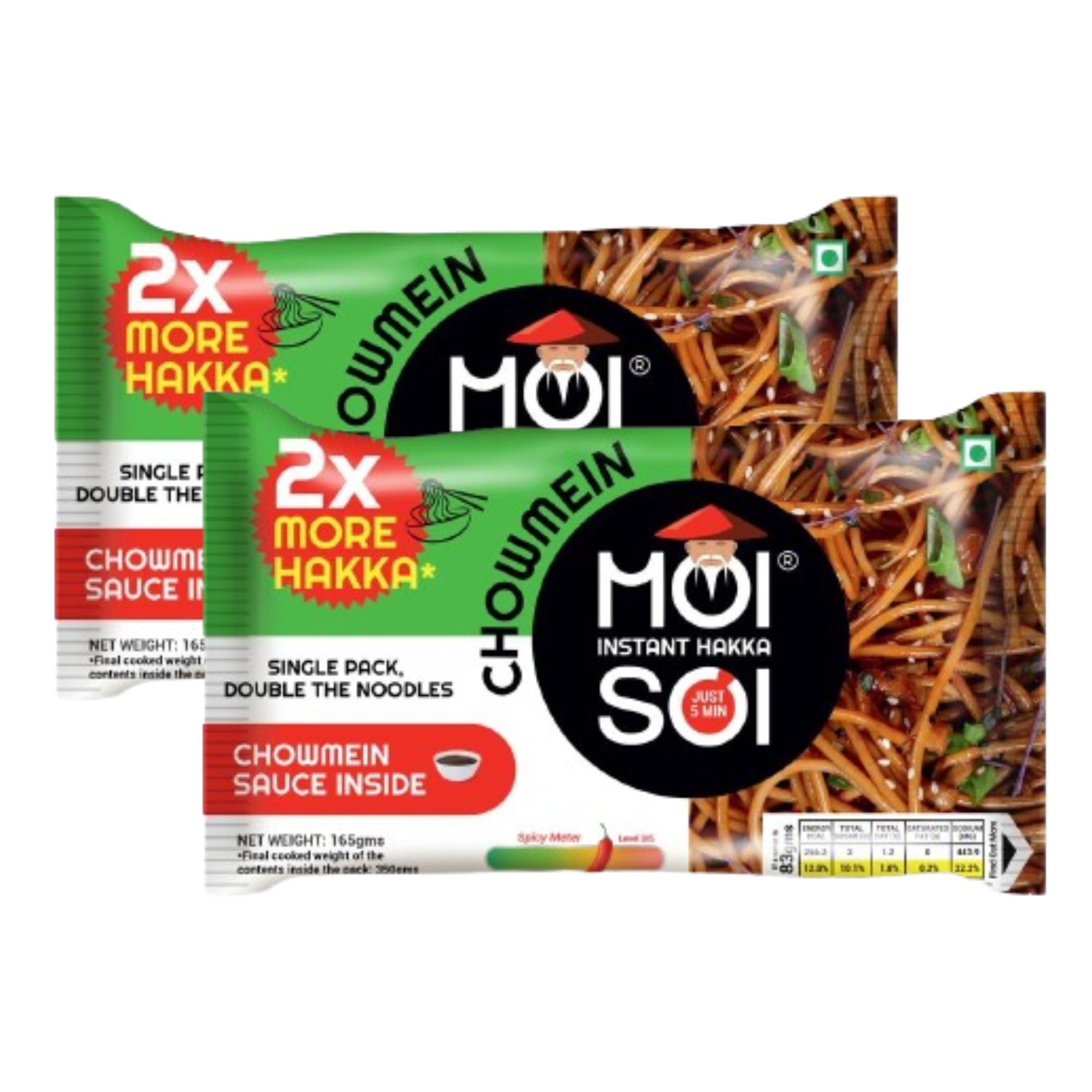 MOI SOI Instant Hakka Noodles (Pack of 2 | 165g Each | Tastemaker Inside | 2X Spicy | Desi Street Style Chowmein Noodles in 5 Mins only)