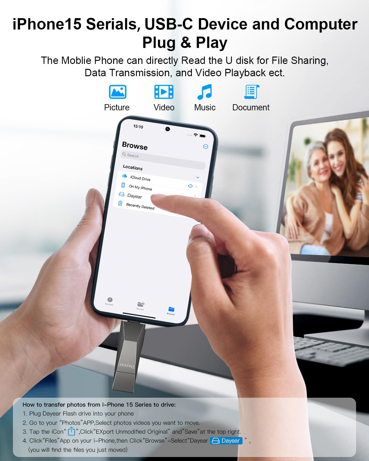 512GB USB C Flash Drive, Dayear Stick USB 3.2 Stick de Almacenamiento con velocidades de Transferencia de hasta 500 MB/s para i-Phone 15/15 más/15 Pro/15 Pro MAX/USB-C iPad/Android/Laptop/Mac