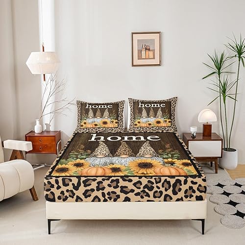 Miniatura 4 de Juego de sábana bajera ajustable de gnomos lindos tamaño Queen, diseño de girasoles de leopardo marrón para niños y niñas, decoración de dormitorio,