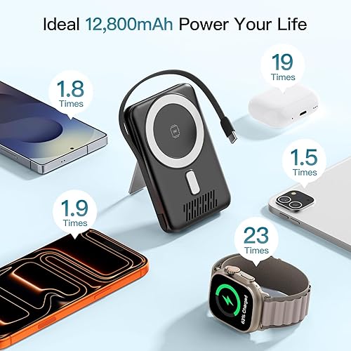 Miniatura 2 de Banco de energía inalámbrico, cargador portátil de 12800 mAh con cables integrados, pantalla LED, batería magnética, artículos esenciales de viaje
