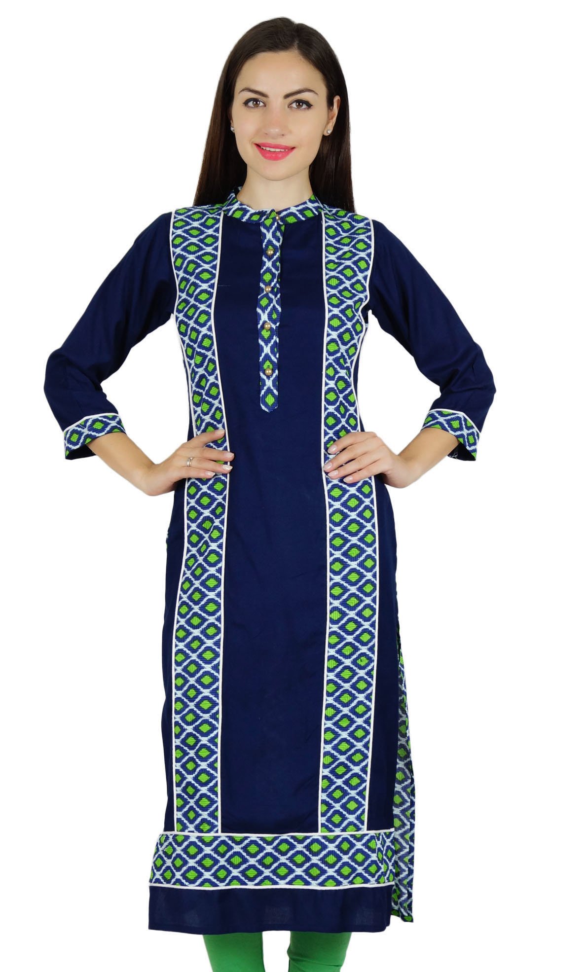 BimbaWomen Printed Kurta Blue Kurti Button-Down Rayon Indian Formal Blouse Gift