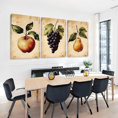 Gueeclk Lienzo decorativo vintage de frutas, impresiones en lienzo de uvas de manzana y pera, arte de pared de manzana, juego de 3 pósteres de
