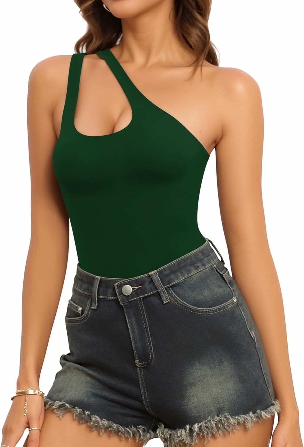 MANGOPOP Women's One Shoulder Sleeveless Bodysuit Sexy Cutout Backless Body Suit Double Lined Going Out Tank Top - Image 3