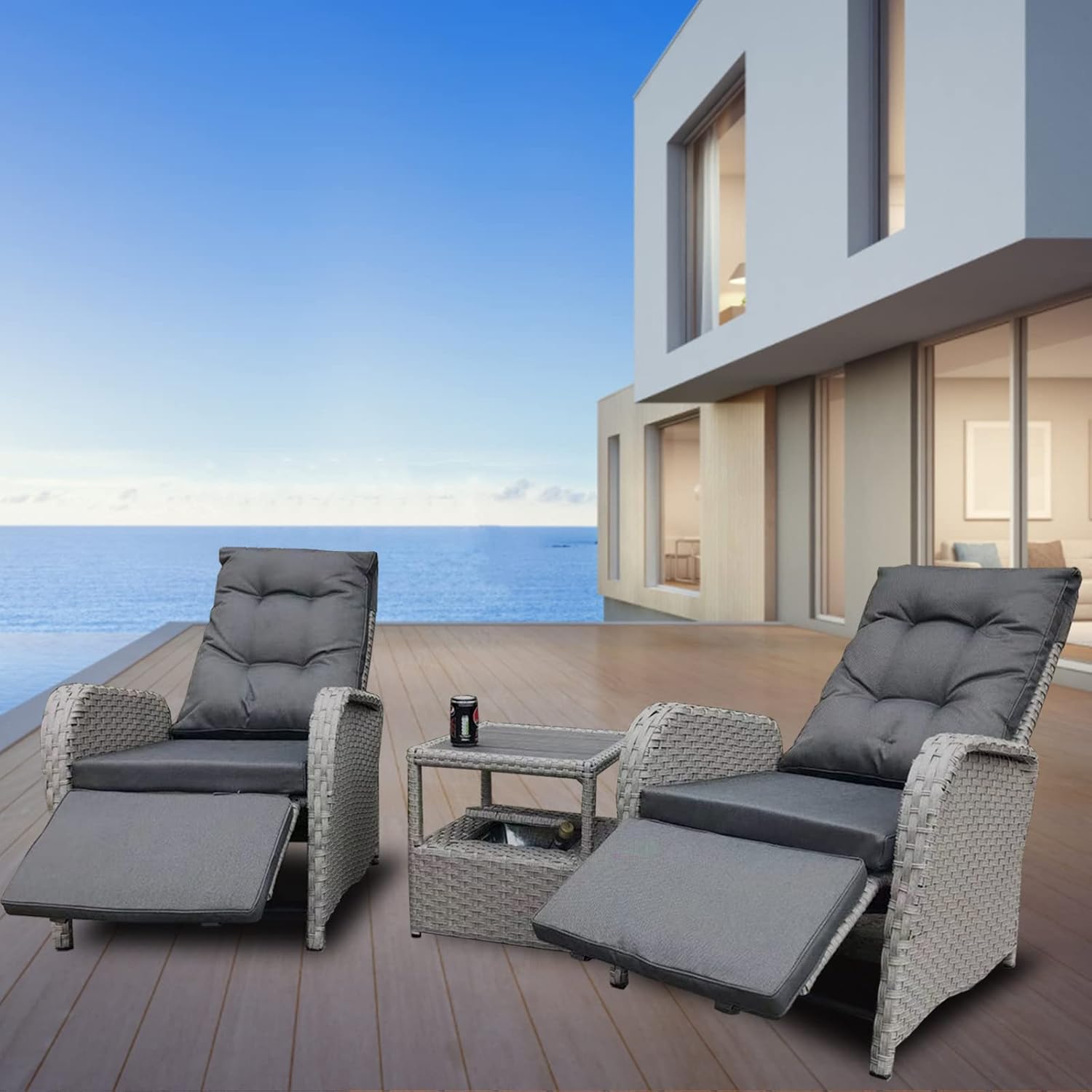 3 Pieces Patio Lounge Chair Set, Rattan Chaise Lounge Sofa Set 2 Seater ...