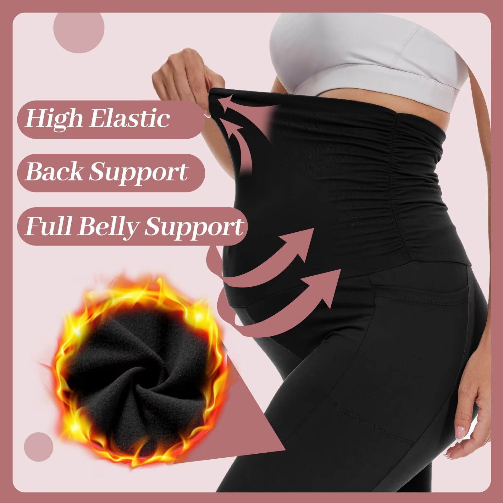 Happy.angel Paquete de 2 leggings de maternidad con forro polar sobre el vientre, pantalones negros para entrenamiento, yoga, embarazo, con bolsillos