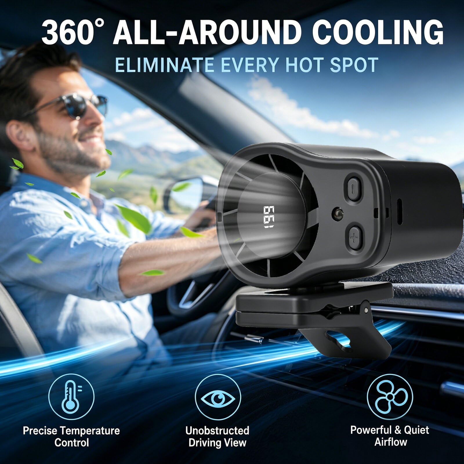 xinrongda Condizionatore d'aria portatile con clip per auto, con display a LED, rotazione a 360°, 199 velocità regolabili, ricaricabile tramite USB, ventilatore per auto, casa, ufficio e scrivania